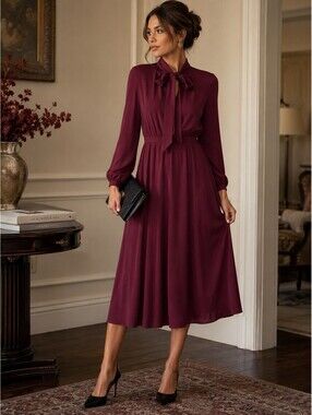 Lichi  Germany maroon/burgundy pussybow midi dress with long sleeves Size XS